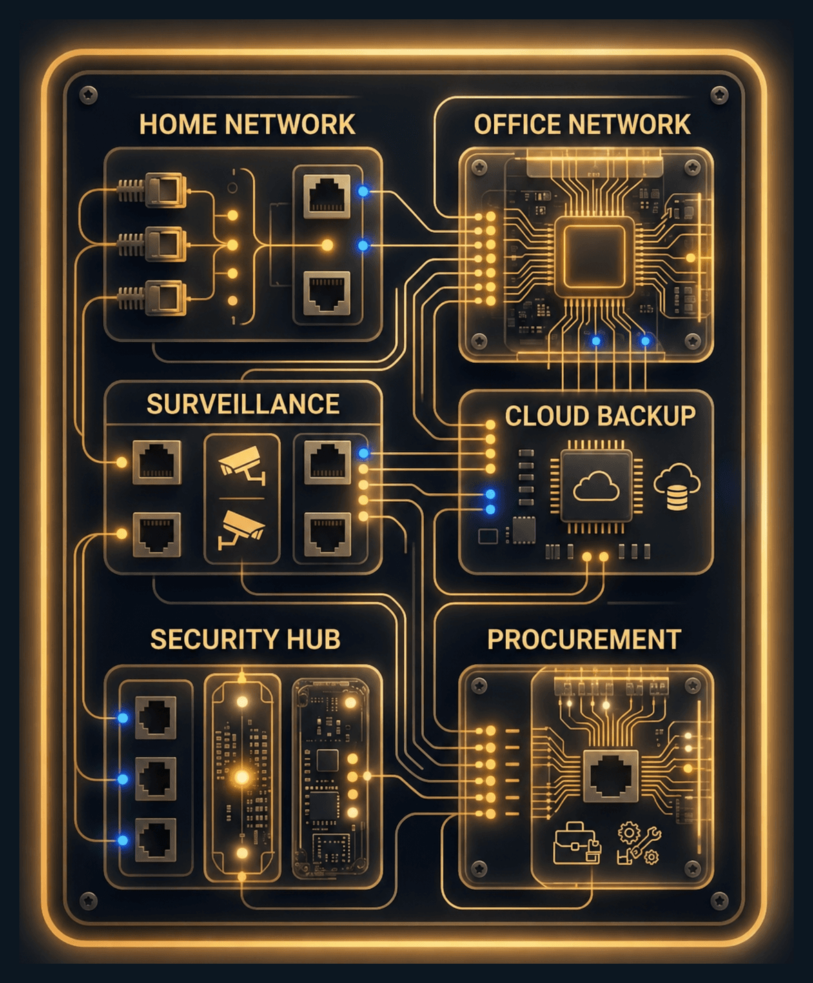 Golden State Visions network services infographic connecting home networks, office networks, surveillance, cloud backup, security hubs, and procurement