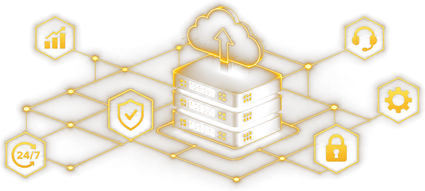 Managed IT infrastructure illustration showing cloud servers, security, support, automation, and always-on technology management by Golden State Visions