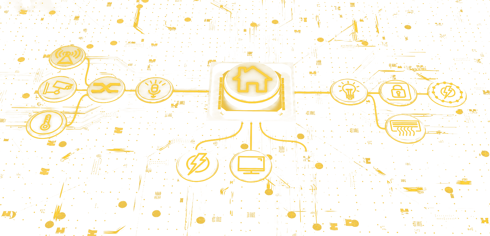 Smart home automation circuit board illustration showing connected lighting, climate, security, audio, energy, and control systems
